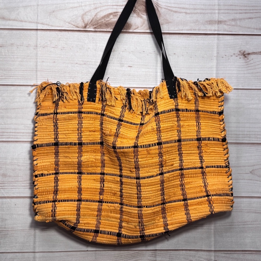 Yellow Black Plaid Woven Rag Rug Tote Bag‎ Fringe Boho Shoulder Bag Large